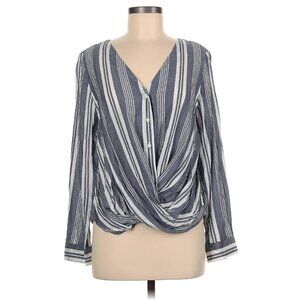 A.N.A. Button Front Faux Wrap Blouse Blue Gray Stripes L